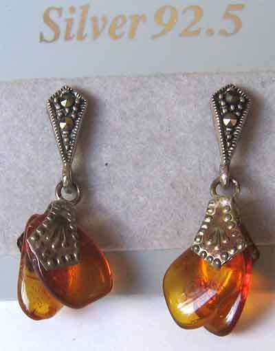 Sterling Silver, Marcasite  and Amber  Earrings
