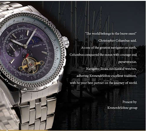 *Genuine* Kronen&Söhne Tourbillion Stainless Steel Moon Phase Automatic Mechanical Men's Sport Watch