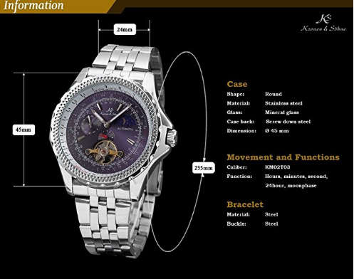 *Genuine* Kronen&Söhne Tourbillion Stainless Steel Moon Phase Automatic Mechanical Men's Sport Watch