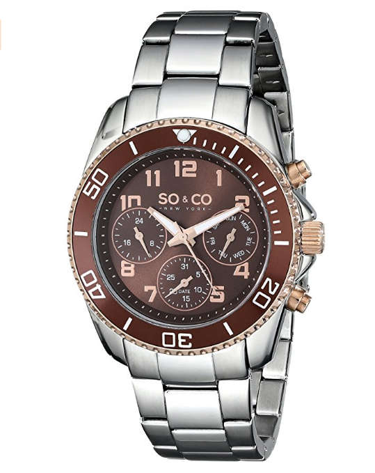 SO&CO NEW YORK® MEN YACHT CLUB BROWN UNIDIRECTIONAL BEZEL GMT DAY & DATE STAINLESS STEEL LINK WATCH
