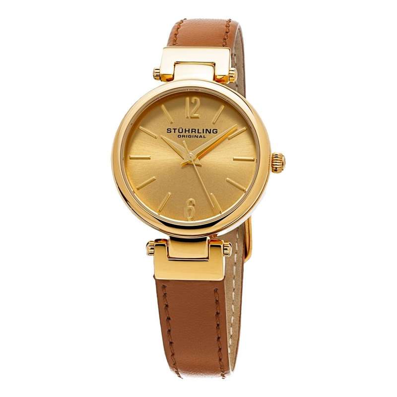 STUHRLING ORIGINAL® SYMPHONY GOLD-TONE WATCH W/ BROWN GENUINE LEATHER BAND
