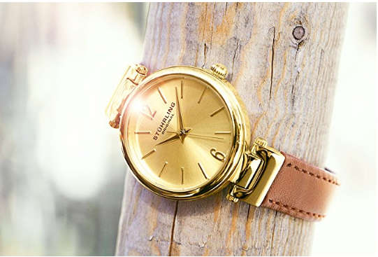 STUHRLING ORIGINAL® SYMPHONY GOLD-TONE WATCH W/ BROWN GENUINE LEATHER BAND