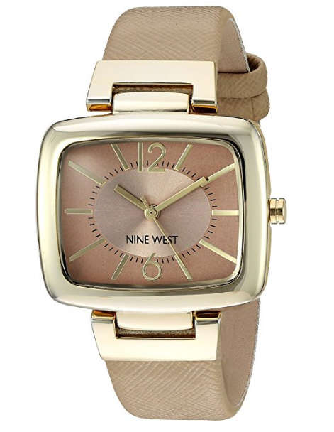 **GENUINE** NINE WEST® WOMENS GOLD-TONE AND BEIGE STRAP WATCH  W/  BOX & MANUAL
