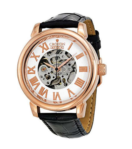 RRP R5180.58 I- CROTON®  MEN'S IMPERIAL ROSE GOLD TONE SKELETON AUTOMATIC LEATHER WATCH