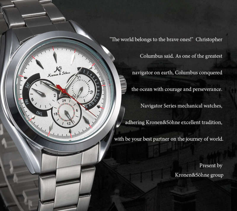 -I GENUINE I- KRONEN&SÖHNE NAVIGATOR WHITE DAY/DATE/24 HOURS AUTOMATIC MECHANICAL STEEL WRIST WATCH