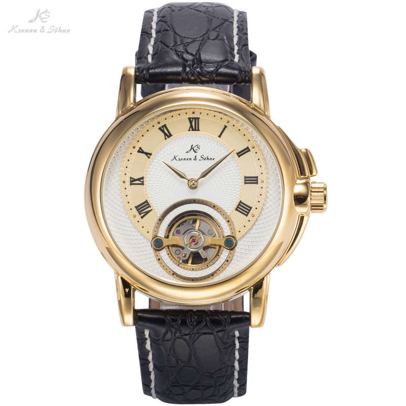 -I GENUINE I- KRONEN&SÖHNEMens Automatic Mechanical Analog Black Leather MILITARY Wrist Watch