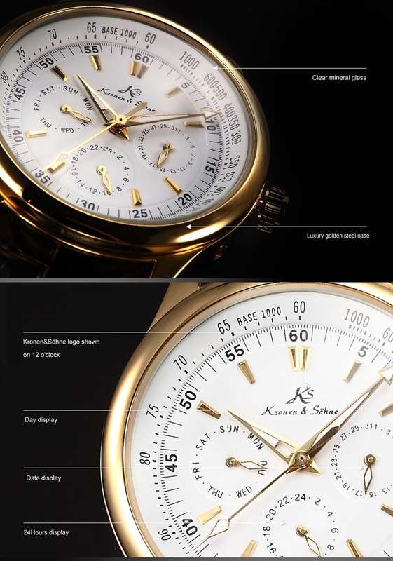 -I GENUINE I- KRONEN&SÖHNEAutomatic Mechanical Wrist Watch SPORT Leather Analog Date Day