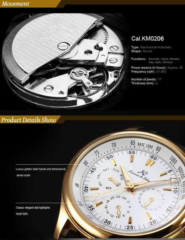 -I GENUINE I- KRONEN&SÖHNEAutomatic Mechanical Wrist Watch SPORT Leather Analog Date Day