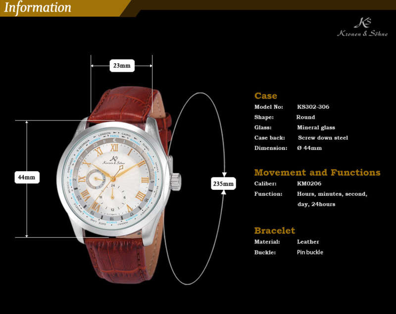 -I GENUINE I- KRONEN&SÖHNE Day 24 Hours Display Automatic Mechanical Men's Leather Sport Wrist Watch