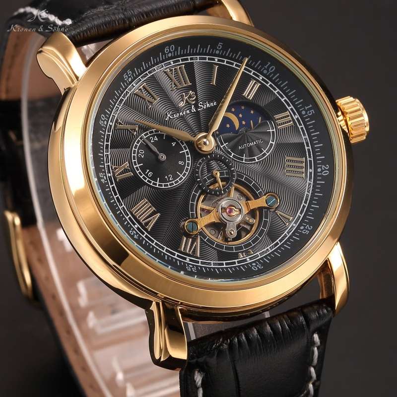 -I GENUINE I- KRONEN&SÖHNE  Analog Automatic Mechanical 24hours Leather Strap Sport Wrist Watch
