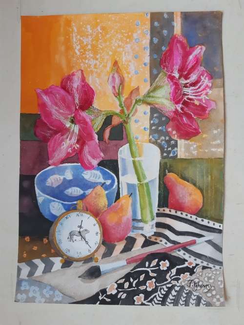 AMARYLLIS and LEOPARD CLOCK - An original painting by Liz Fitzhenry