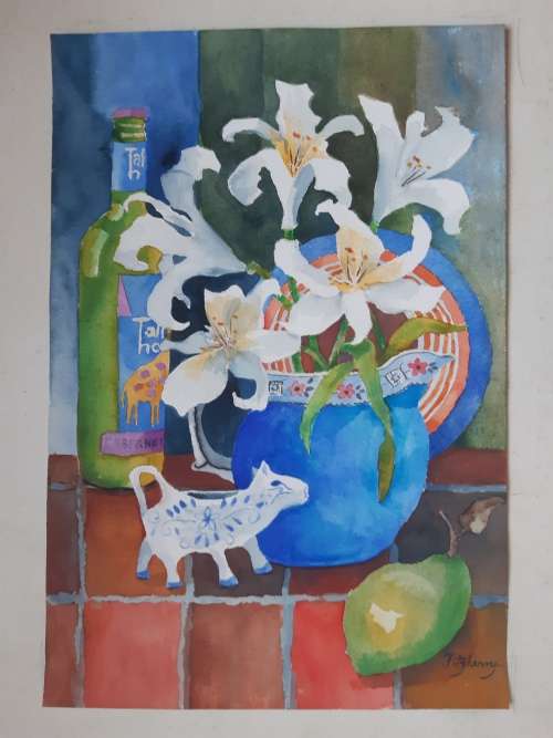 COW JUG and LILIES - An original painting by Liz Fitzhenry