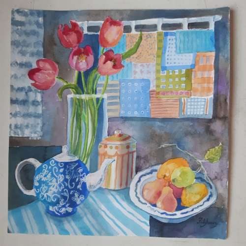 TULIPS and TEAPOT - An original painting by Liz Fitzhenry