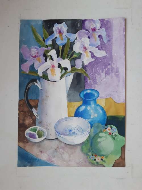BLUE VASE and IRISES - An original painting by Liz Fitzhenry