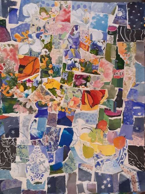 BLUE VASE COLLAGE - An original painting by Liz Fitzhenry