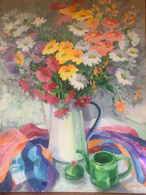 DAISIES IN ENAMEL JUG - An original painting by Liz Fitzhenry