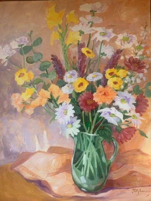 DAISIES IN GREEN VASE - An original painting by Liz Fitzhenry