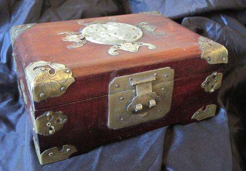 Stunning brass-bound Jewellery box, with mother of pearl detail