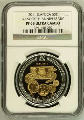 2011 SARB 90th Anniversary Silver R5 Bi-Colour Crown NGC Proof 69