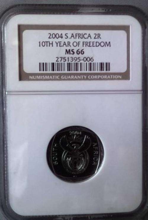 2004 10th YEAR OF FREEDOM MS 66 SOUTH AFRICA R2 COIN NGC GRADED