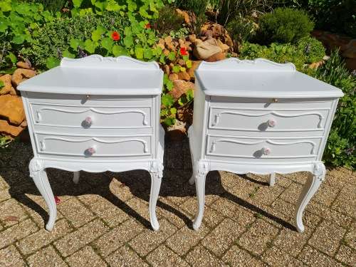 French Chest of Drawers and Matching Pedestals. Beautiful Carvings. Rose Porcelain Knobs.