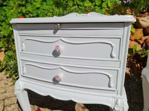 French Chest of Drawers and Matching Pedestals. Beautiful Carvings. Rose Porcelain Knobs.