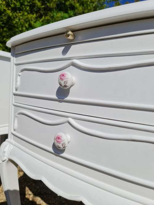 French Chest of Drawers and Matching Pedestals. Beautiful Carvings. Rose Porcelain Knobs.