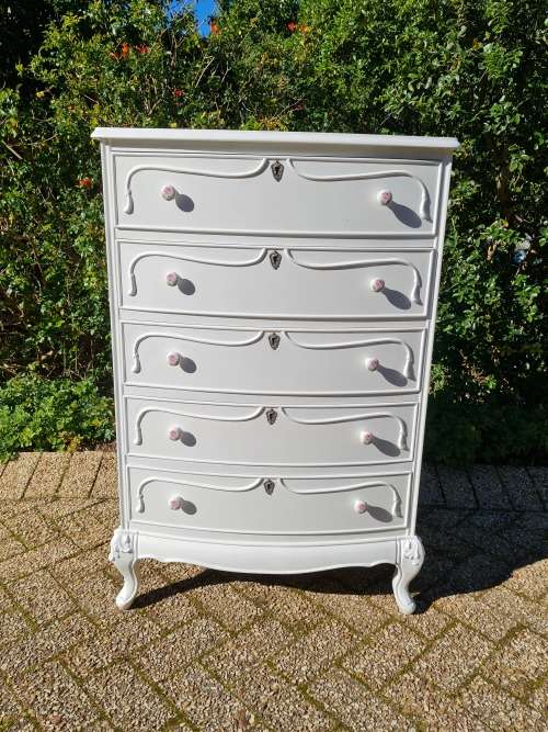 French Chest of Drawers and Matching Pedestals. Beautiful Carvings. Rose Porcelain Knobs.