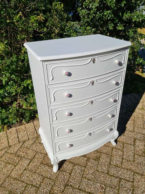 French Chest of Drawers and Matching Pedestals. Beautiful Carvings. Rose Porcelain Knobs.