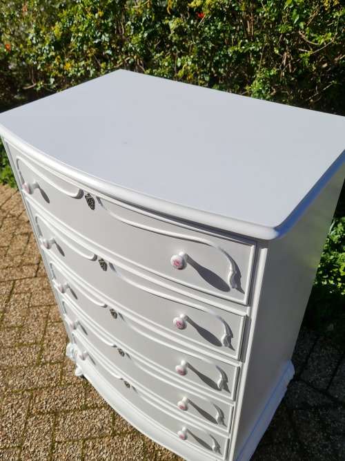 French Chest of Drawers and Matching Pedestals. Beautiful Carvings. Rose Porcelain Knobs.
