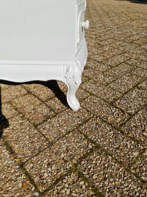 French Chest of Drawers and Matching Pedestals. Beautiful Carvings. Rose Porcelain Knobs.