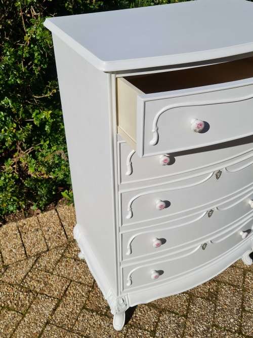 French Chest of Drawers and Matching Pedestals. Beautiful Carvings. Rose Porcelain Knobs.