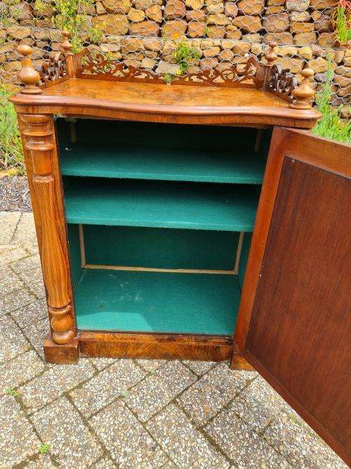 Antique 19th Century burr walnut inlaid music cabinet with Beautiful Trellis Work. Exquisite!