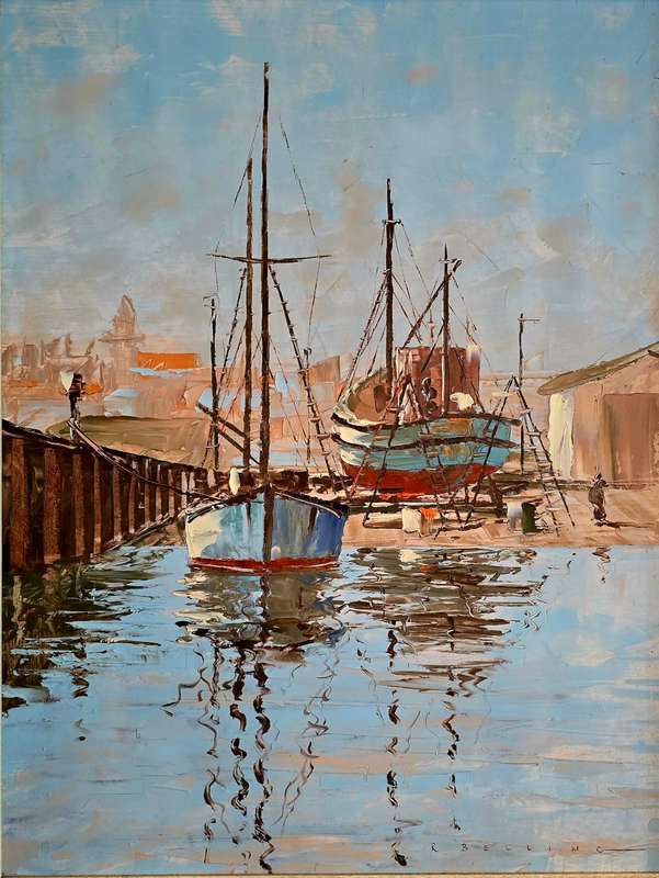 Original Ron Belling Oil Painting  Serene Harbor Scene with Boats Docked at Pier (66cm x