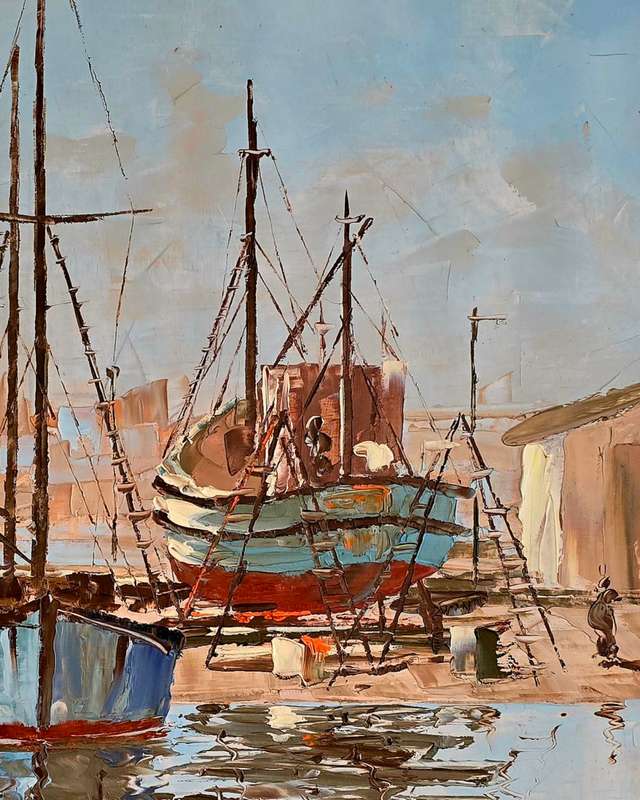 Original Ron Belling Oil Painting  Serene Harbor Scene with Boats Docked at Pier (66cm x