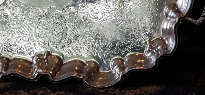 Large SILVER PLATED TRAY, Footed & Etched Silver Plate Tray, Oval Scalloped Edge Tray with Handles