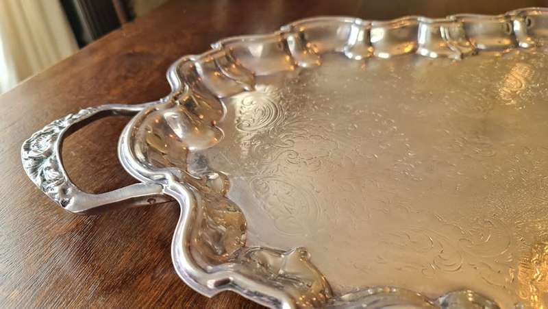 Large SILVER PLATED TRAY, Footed & Etched Silver Plate Tray, Oval Scalloped Edge Tray with Handles