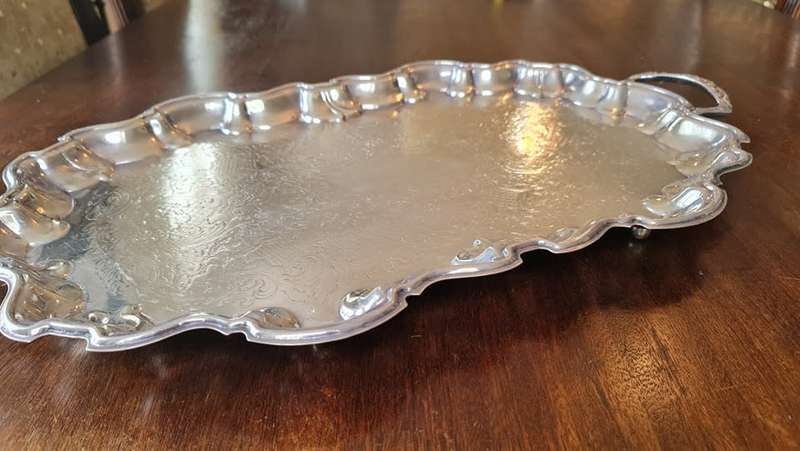 Large SILVER PLATED TRAY, Footed & Etched Silver Plate Tray, Oval Scalloped Edge Tray with Handles