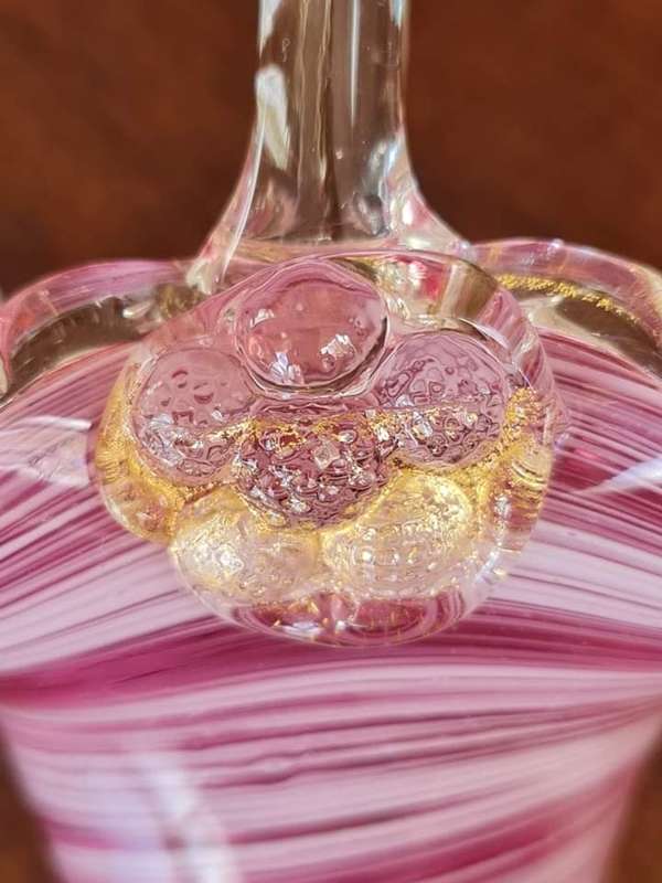 Murano Vintage Art Glass Basket Pink Swirl Petal feet base Gold fleck glass grapes on either side o.
