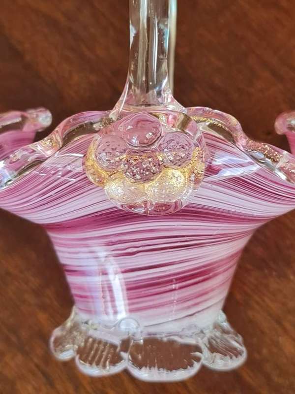 Murano Vintage Art Glass Basket Pink Swirl Petal feet base Gold fleck glass grapes on either side o.