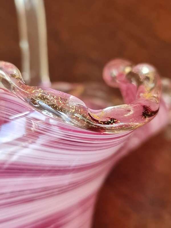 Murano Vintage Art Glass Basket Pink Swirl Petal feet base Gold fleck glass grapes on either side o.