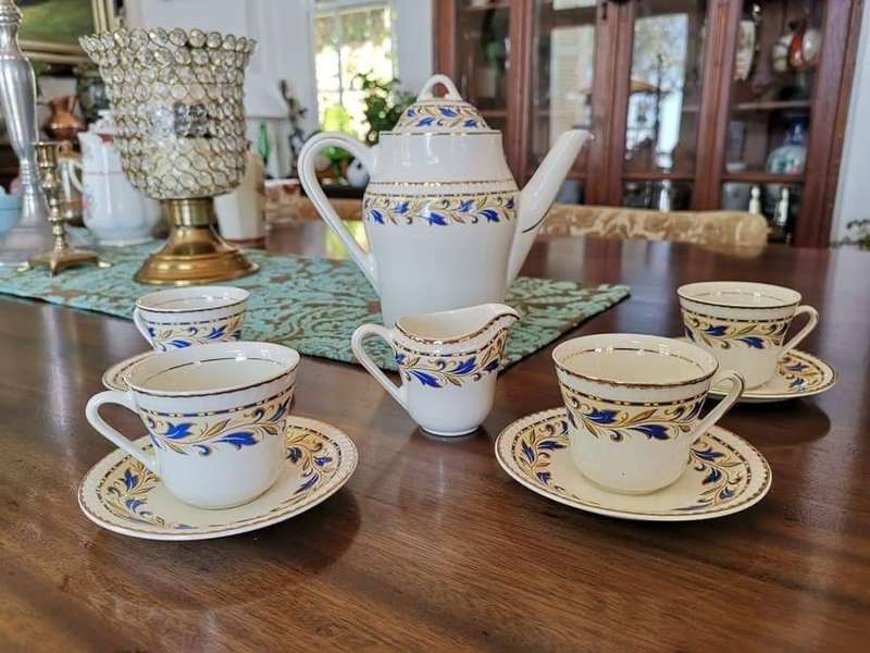 Portland Pottery Cobridge Staffordshire England Coffee Set in the Beautiful Blue & Gold Cobridge.