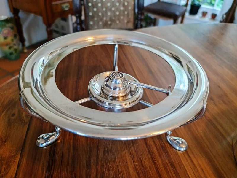 Elegant Silver Plate Kettle on Stand with Burner. The Kettle has a single monogram letter "G" on it