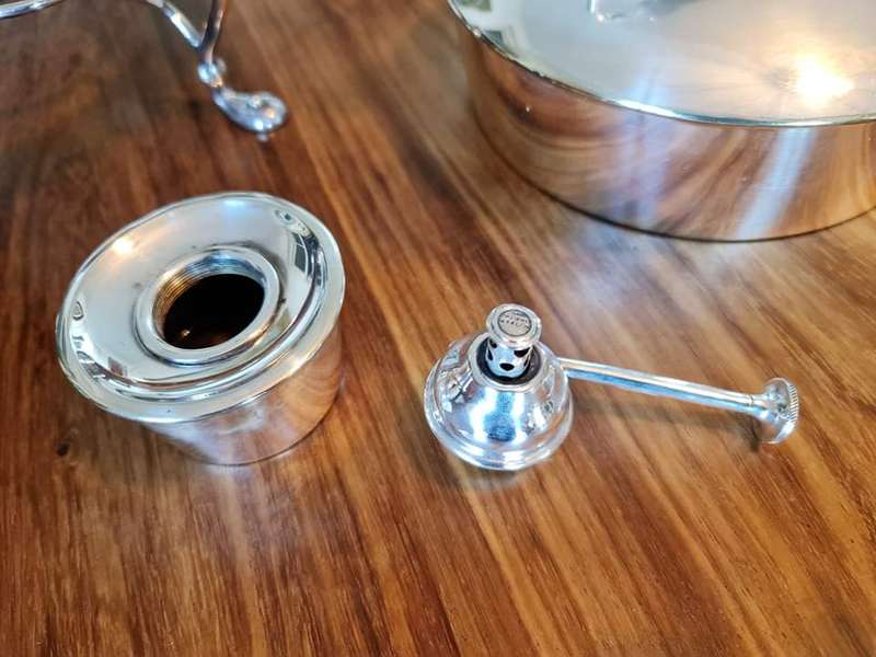 Elegant Silver Plate Kettle on Stand with Burner. The Kettle has a single monogram letter "G" on it