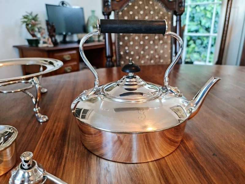 Elegant Silver Plate Kettle on Stand with Burner. The Kettle has a single monogram letter "G" on it