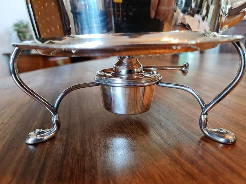 Elegant Silver Plate Kettle on Stand with Burner. The Kettle has a single monogram letter "G" on it