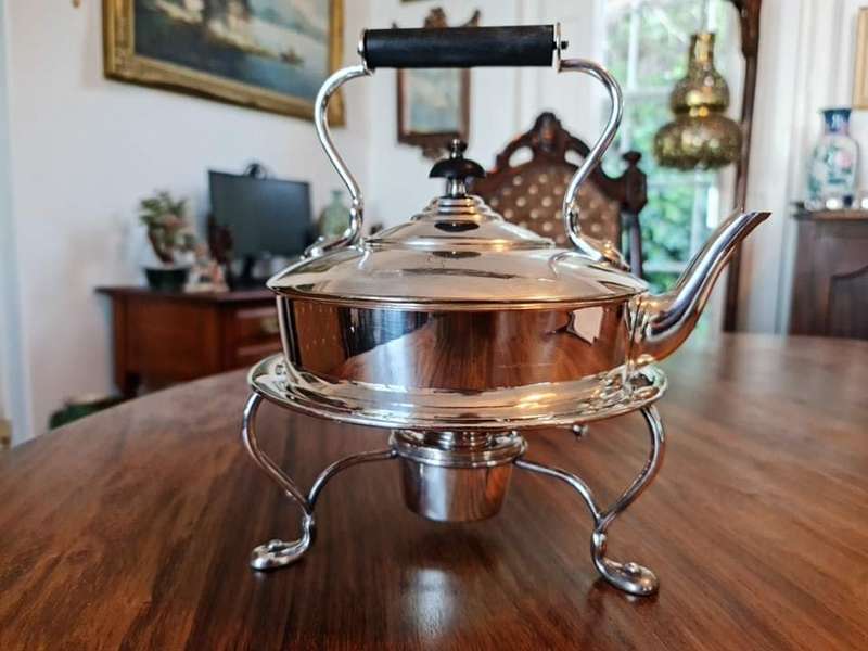 Elegant Silver Plate Kettle on Stand with Burner. The Kettle has a single monogram letter "G" on it