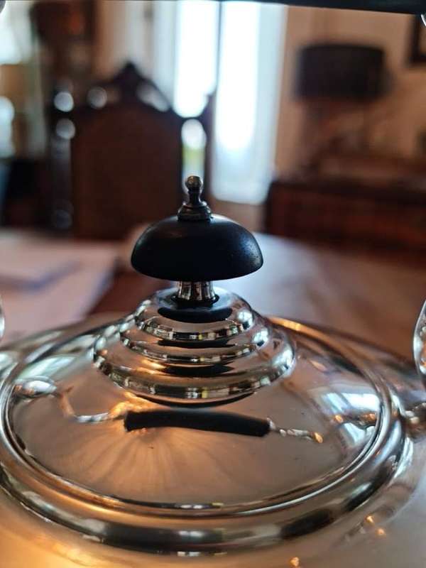Elegant Silver Plate Kettle on Stand with Burner. The Kettle has a single monogram letter "G" on it