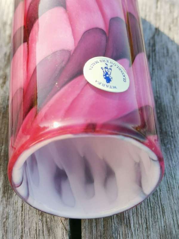 A wonderful organic pink, purple & white glass vase, made by Mtarfa of Malta, signed to base.