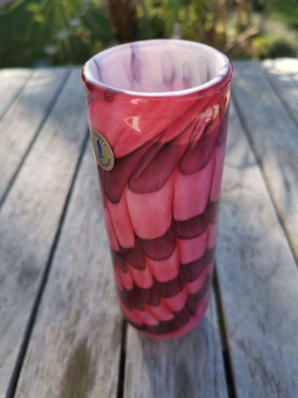 A wonderful organic pink, purple & white glass vase, made by Mtarfa of Malta, signed to base.